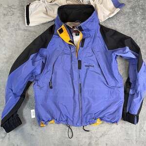 Vintage Marmot Women’s L Purple Black Yellow Colorblock Hooded Shell Jacket